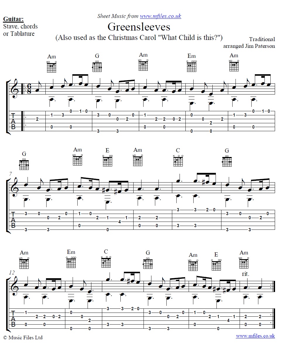 Greensleeves (What Child is This?) for guitar - click to download sheet music Greensleeves (What Child is This?) for guitar - sheet music 1st page