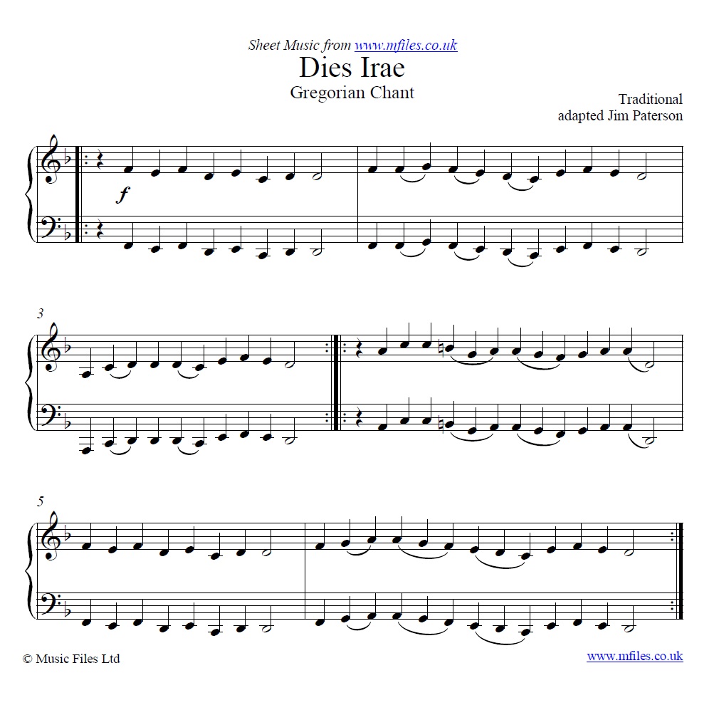 Dies Irae (Day of Wrath) Gregorian Plainchant for piano - click to download sheet music Dies Irae (Day of Wrath) Gregorian Plainchant for piano - sheet music 1st page