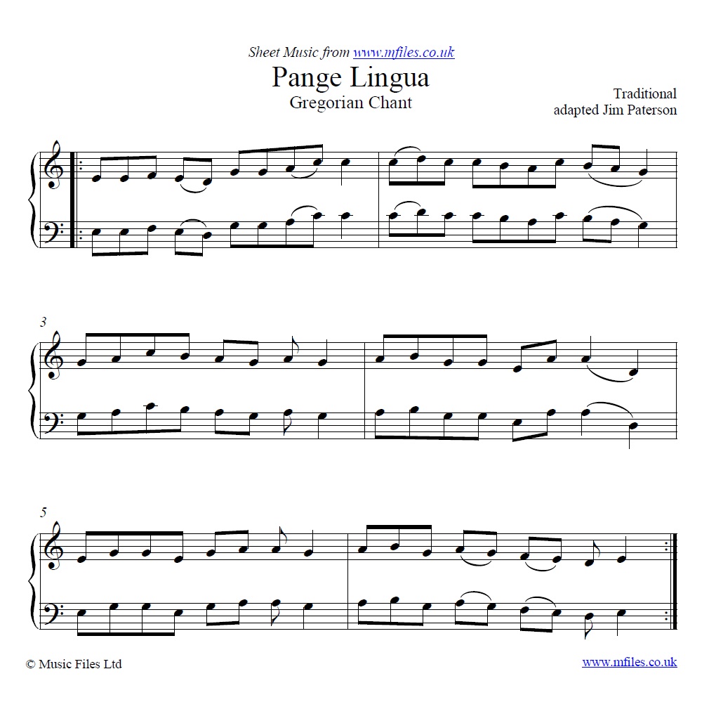 Pange Lingua (Tell Tongue) Gregorian Plainchant for piano - click to download sheet music Pange Lingua (Tell Tongue) Gregorian Plainchant for piano - sheet music 1st page