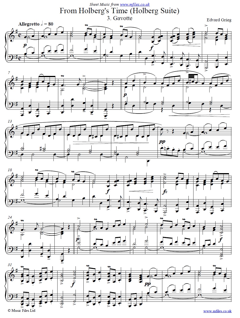 Grieg's Holberg Suite (3rd movement: Gavotte) for piano - click to download sheet music Grieg's Holberg Suite (3rd movement: Gavotte) for piano - sheet music 1st page