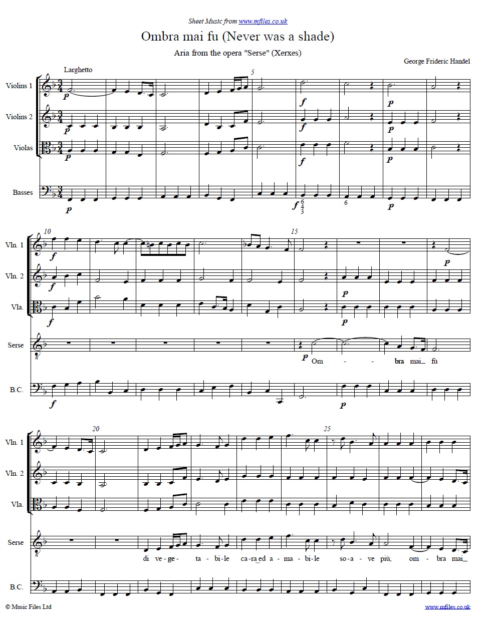 Handel's Ombra Mai Fu (aria from Serse) score - click to download sheet music Handel's Ombra Mai Fu (aria from Serse) score - sheet music 1st page