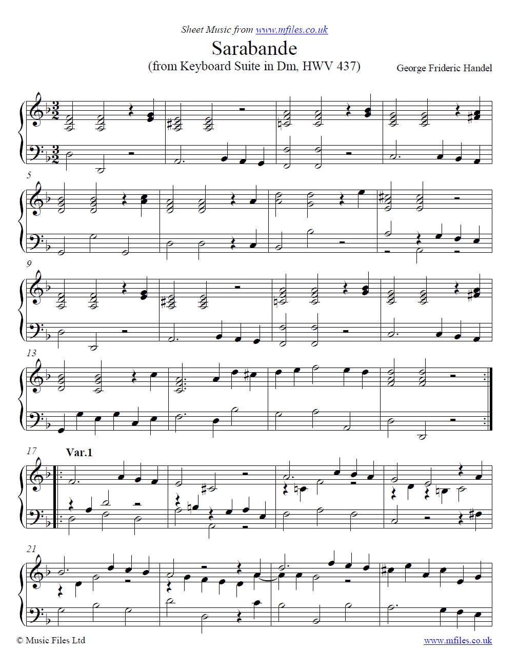 Handel's Sarabande from Keyboard Suite in Dm - click to download sheet music Handel's Sarabande from Keyboard Suite in Dm - sheet music 1st page