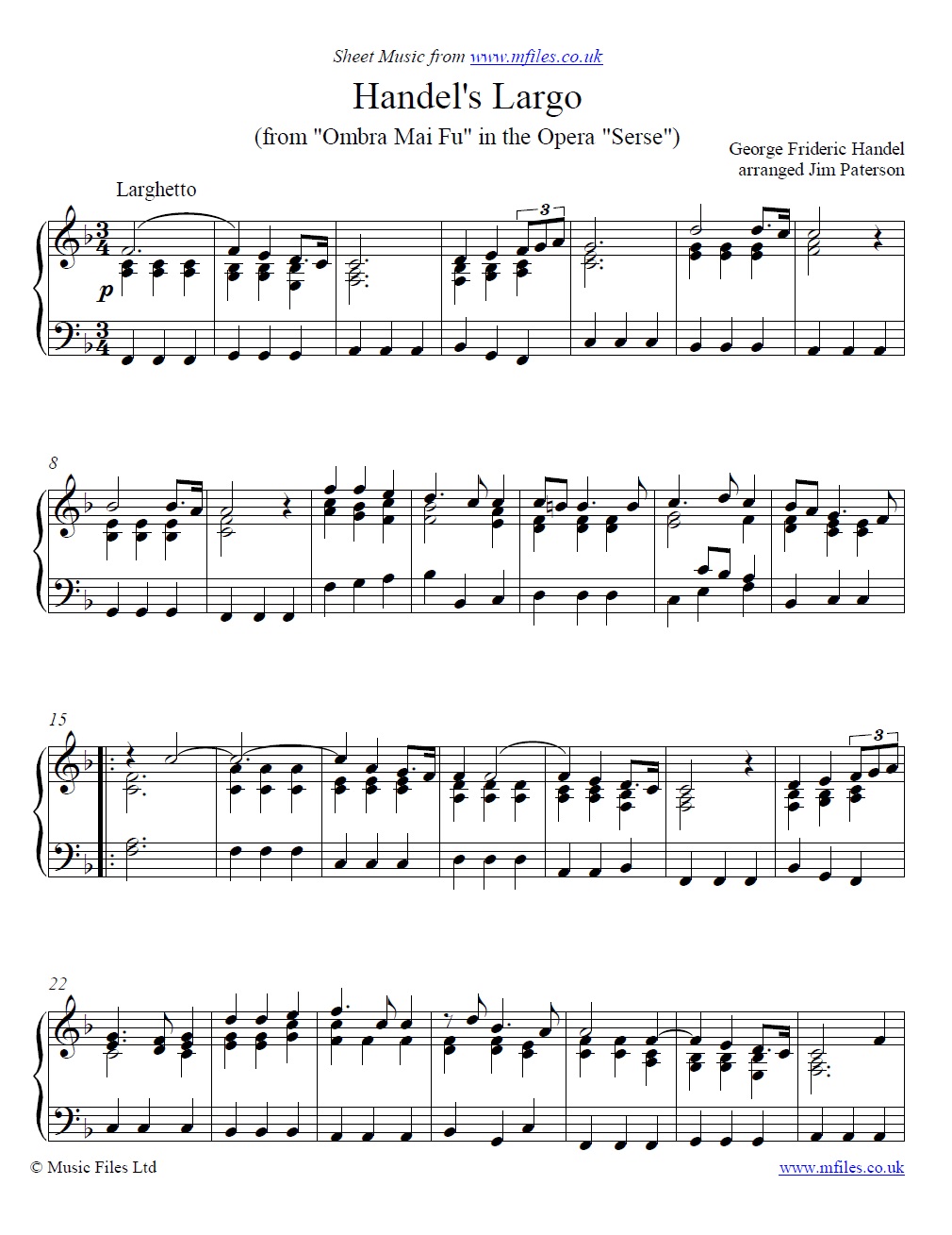 Handel's Largo for piano - click to download sheet music Handel's Largo for piano - sheet music 1st page