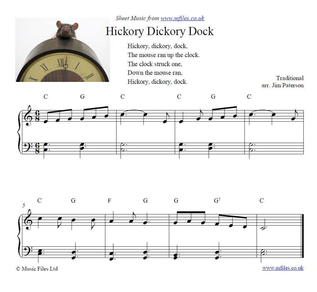 Hickory Dickory Dock for piano - click to download sheet music Hickory Dickory Dock for piano - sheet music 1st page