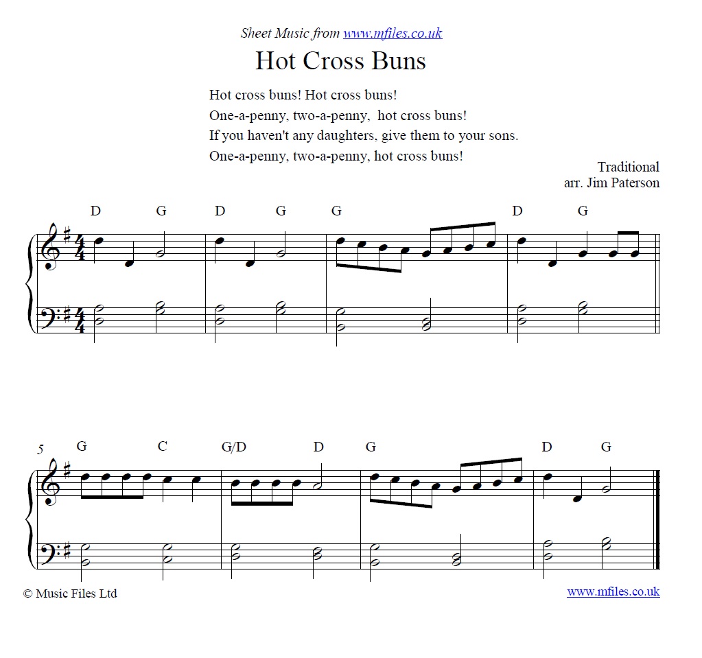Hot Cross Buns for piano - click to download sheet music Hot Cross Buns for piano - sheet music 1st page