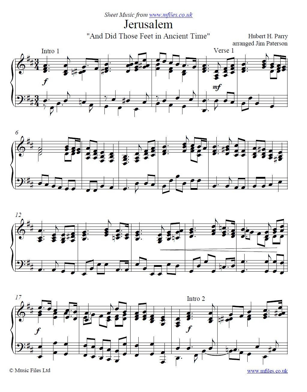 Parry's Jerusalem for piano - click to download sheet music Parry's Jerusalem for piano - sheet music 1st page