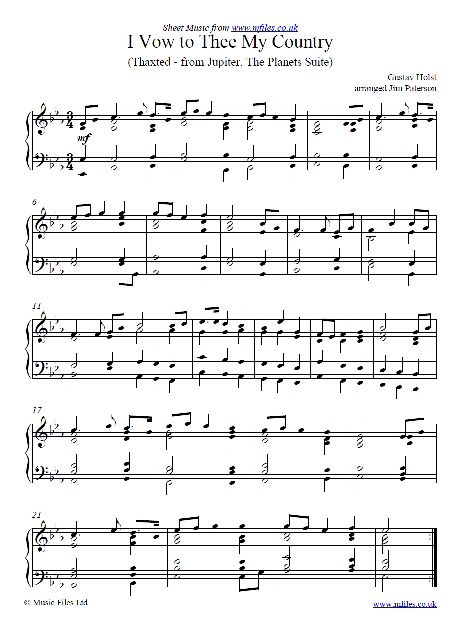 Holst's I Vow to Thee My Country from Jupiter for piano - click to download sheet music Holst's I Vow to Thee My Country from Jupiter for piano - sheet music 1st page