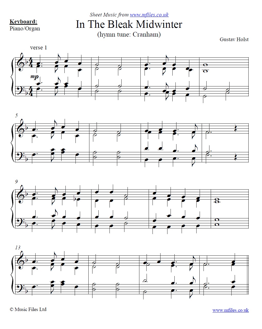 Holst's In The Bleak Midwinter for piano - click to download sheet music Holst's In The Bleak Midwinter for piano - sheet music 1st page