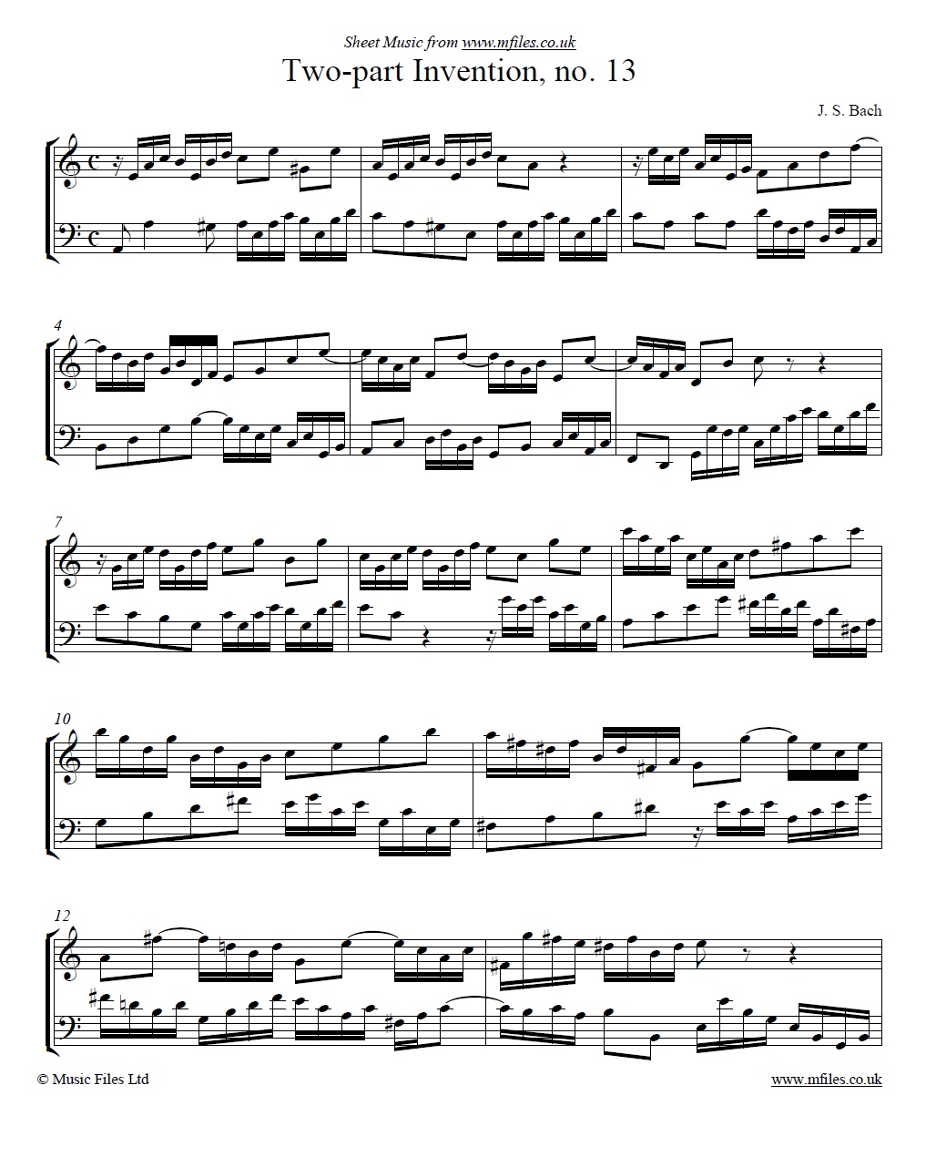 Bach's 2-part invention no. 13 for piano - click to download sheet music Bach's 2-part invention no. 13 for piano - sheet music 1st page