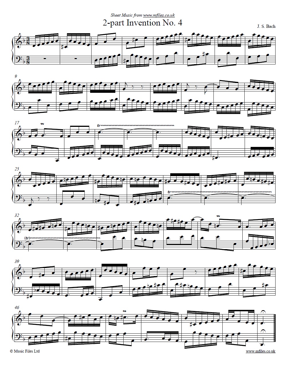 Bach's 2-part invention no. 4 for piano - click to download sheet music Bach's 2-part invention no. 4 for piano - sheet music 1st page