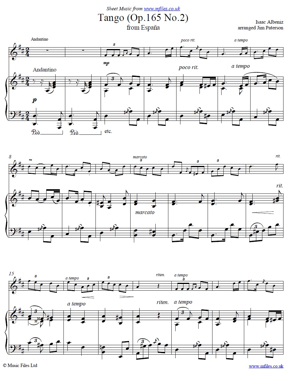 Albeniz' Tango Op.165 No.2 from Suite Espana for violin and piano - click to download sheet music Albeniz' Tango Op.165 No.2 from Suite Espana for violin and piano - sheet music 1st page