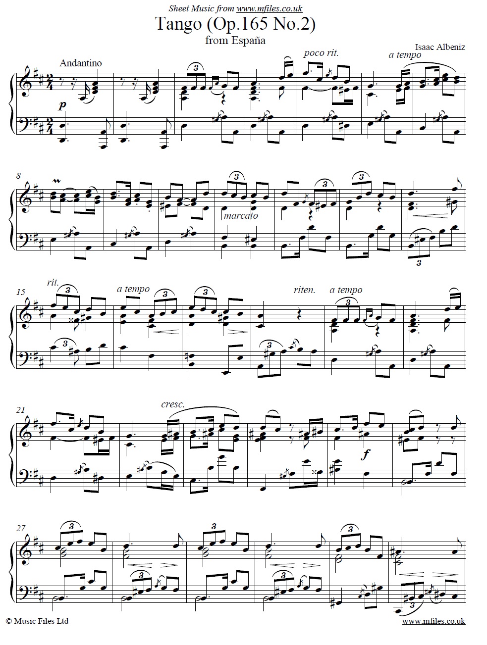 Albeniz' Tango Op.165 No.2 from Suite Espana for piano - click to download sheet music Albeniz' Tango Op.165 No.2 from Suite Espana for piano - sheet music 1st page