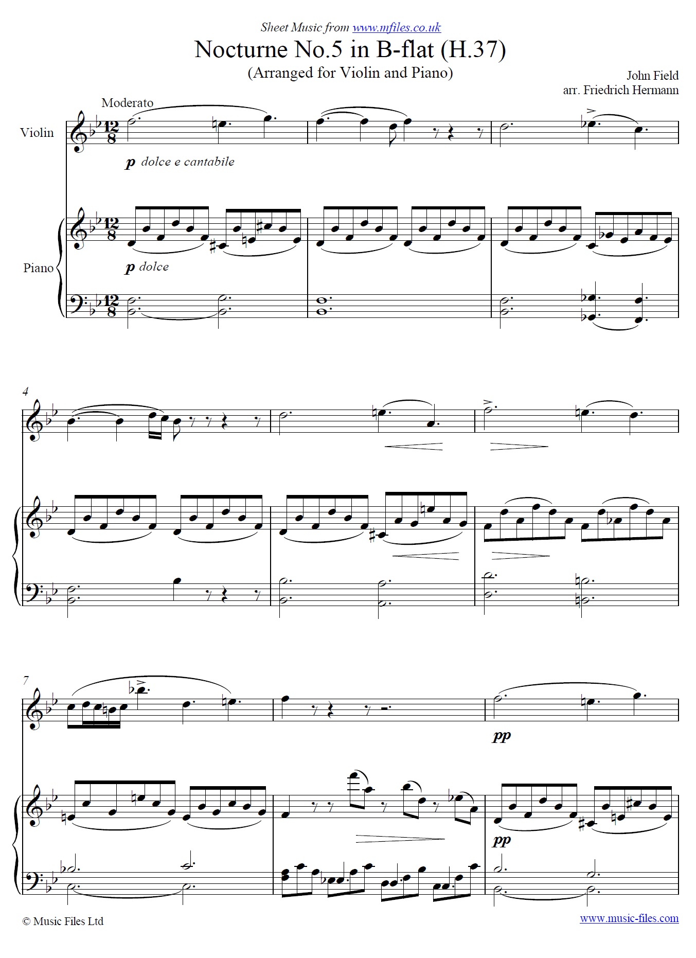Field's Nocturne no.5 in B-flat for violin and piano - click to download sheet music Field's Nocturne no.5 in B-flat for violin and piano - sheet music 1st page