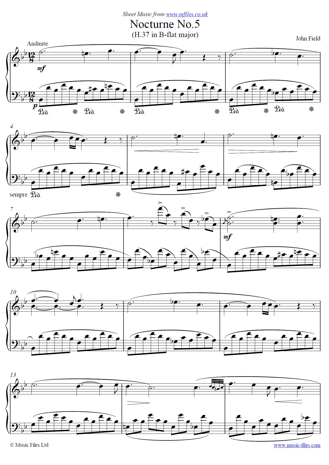 Field's Nocturne no.5 in B-flat for piano - click to download sheet music Field's Nocturne no.5 in B-flat for piano - sheet music 1st page