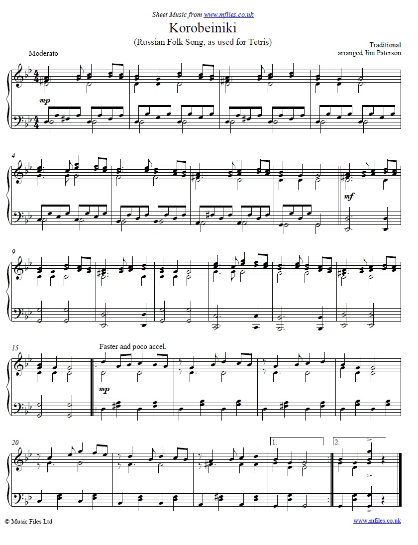 Korobeiniki (Tetris theme) for piano - click to download sheet music Korobeiniki (Tetris theme) for piano - sheet music 1st page