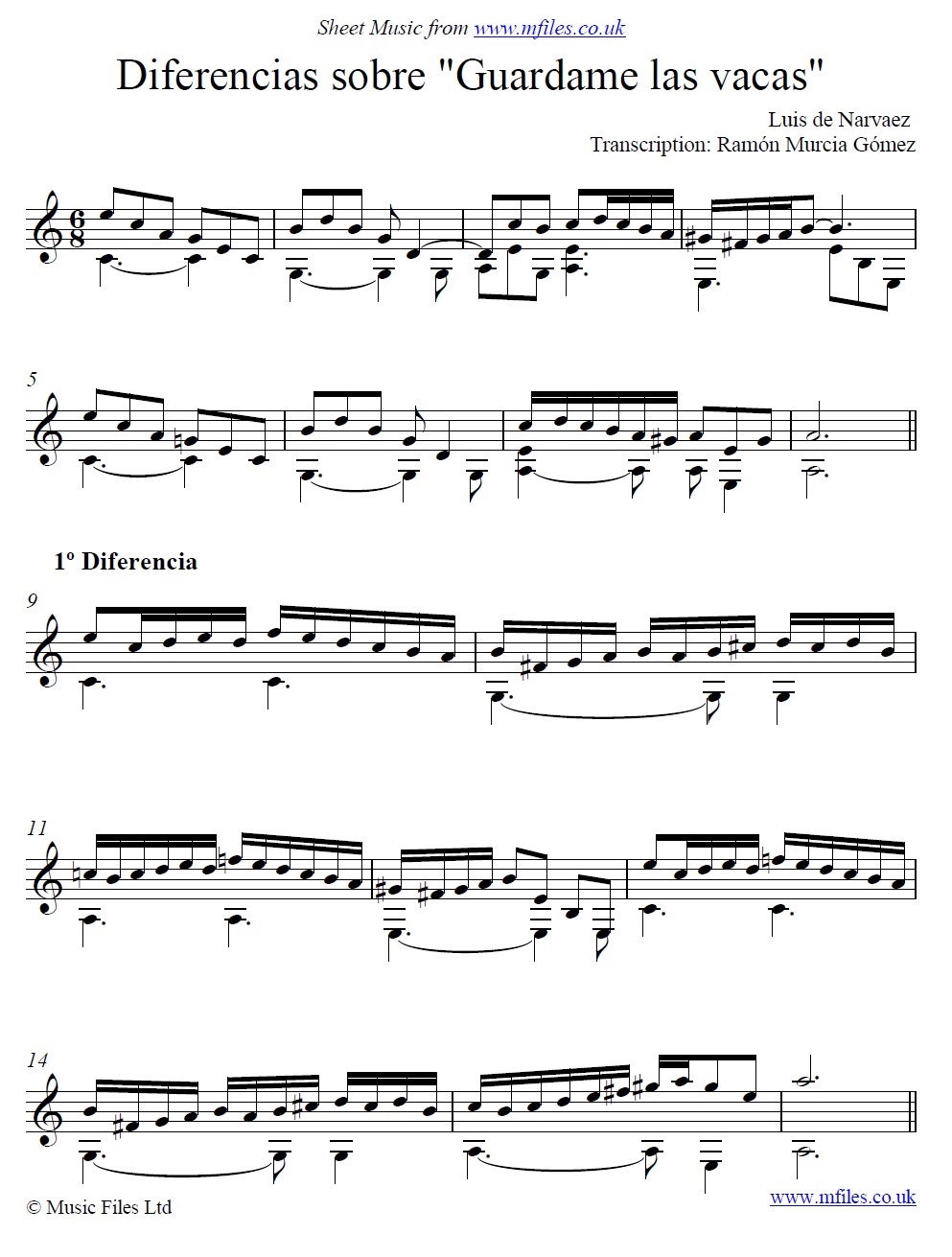Narváez' Diferencias sobre Guardame las Vacas for guitar - click to download sheet music Narváez' Diferencias sobre Guardame las Vacas for guitar - sheet music 1st page