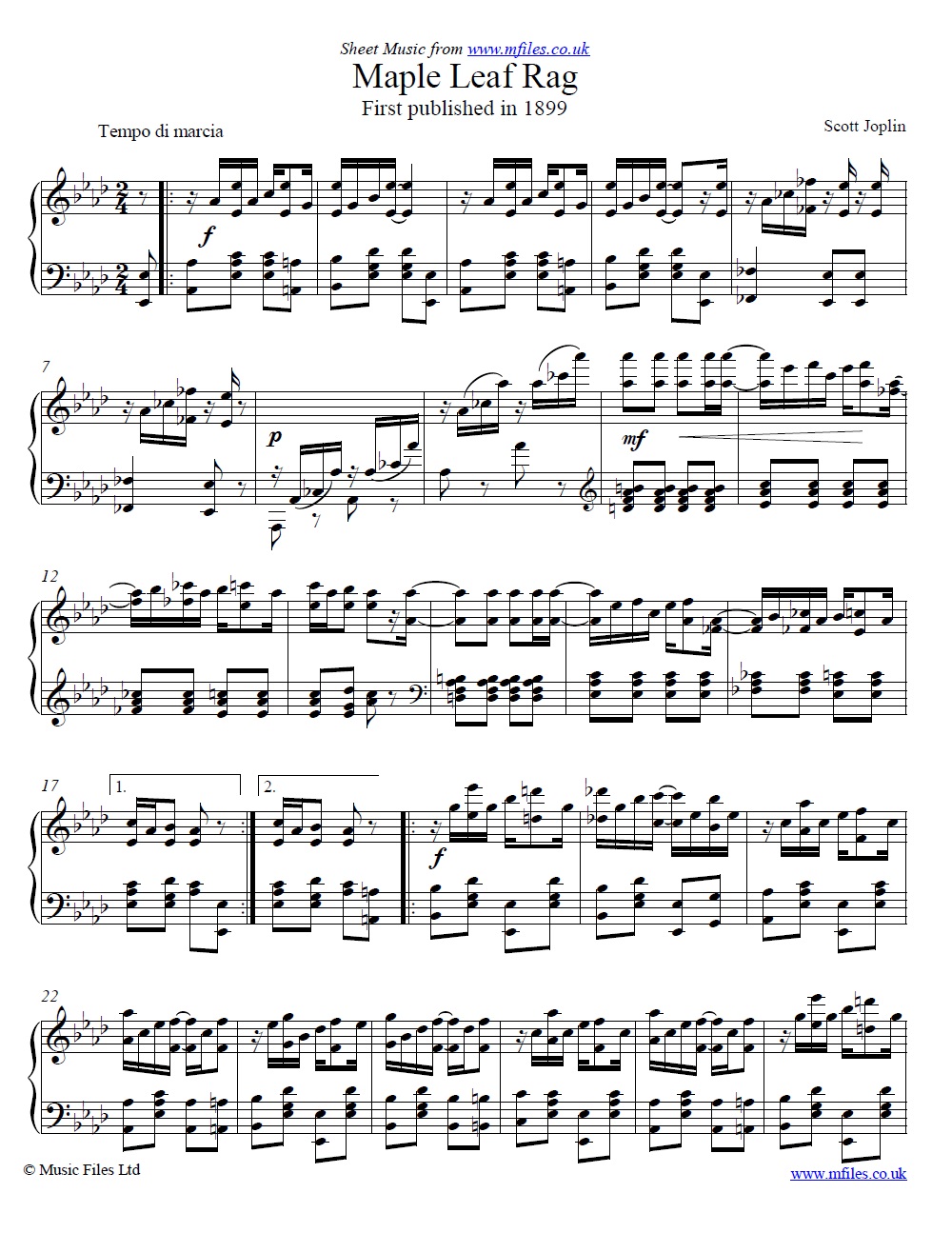 Scott Joplin's Maple Leaf Rag for piano - click to download sheet music Scott Joplin's Maple Leaf Rag for piano - sheet music 1st page