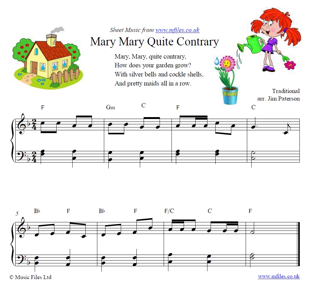 Mary Mary Quite Contrary for piano - click to download sheet music Mary Mary Quite Contrary for piano - sheet music 1st page
