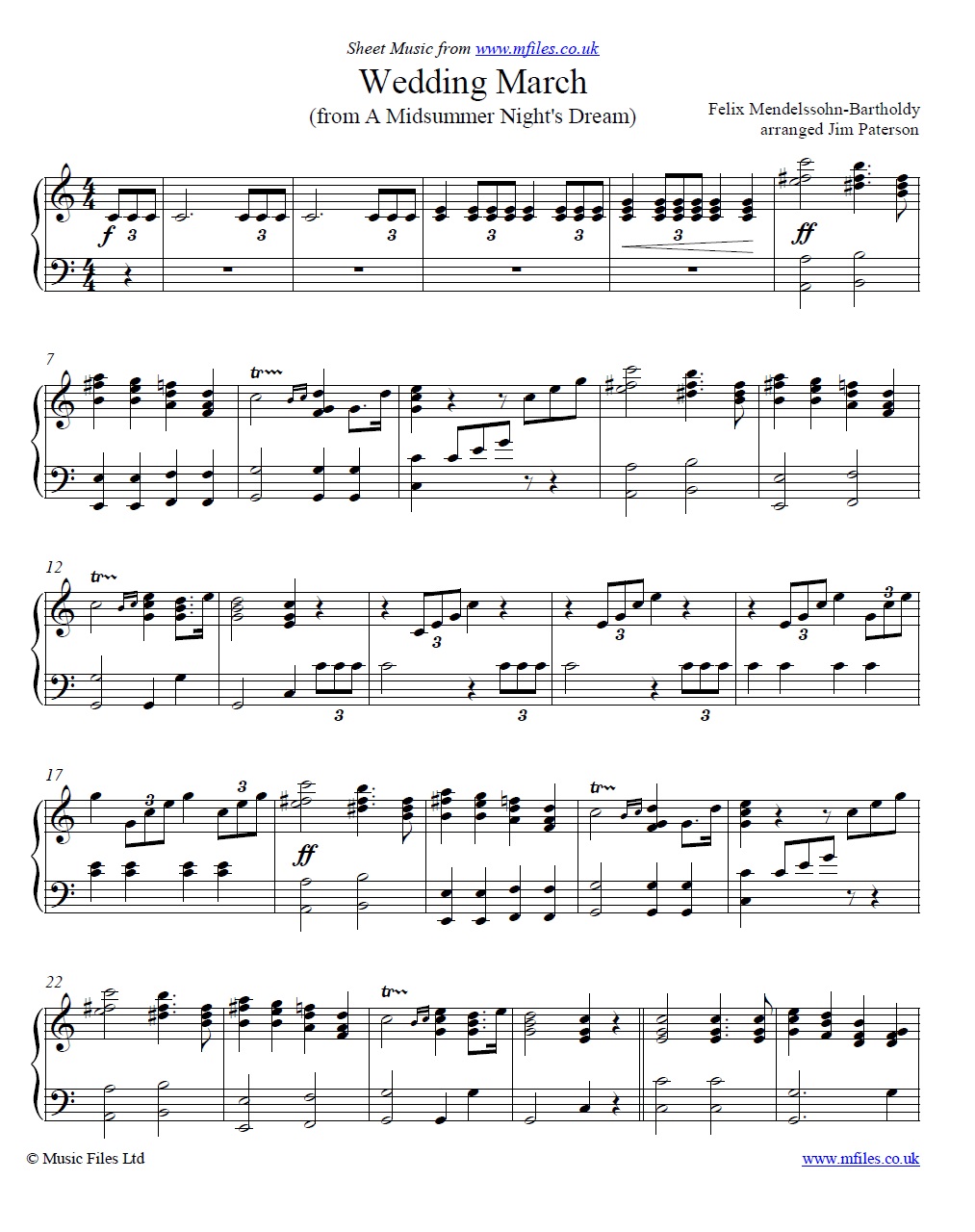 Mendelssohn's Wedding March for piano - click to download sheet music Mendelssohn's Wedding March for piano - sheet music 1st page