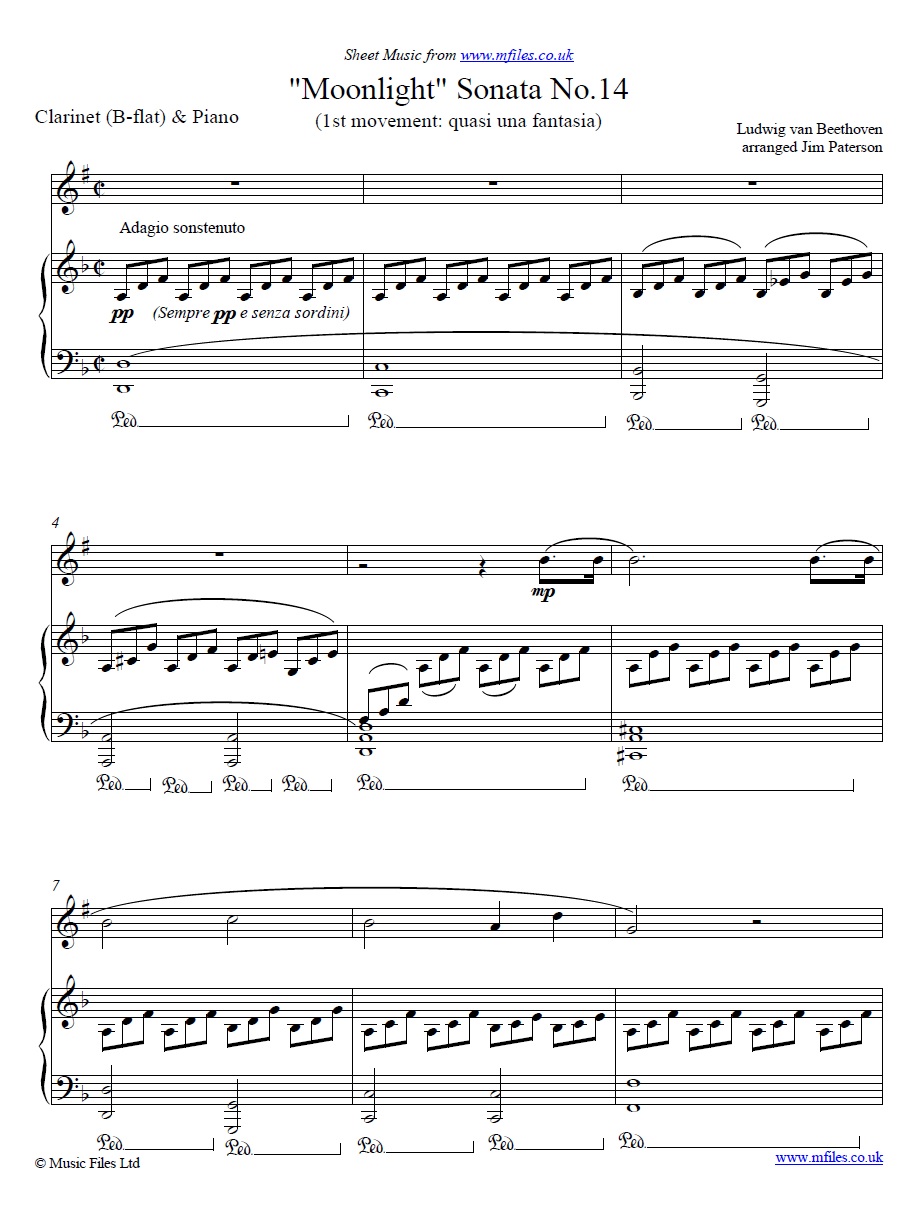 Beethoven's Moonlight Sonata (1st movement) for clarinet and piano - click to download sheet music Beethoven's Moonlight Sonata (1st movement) for clarinet and piano - sheet music 1st page