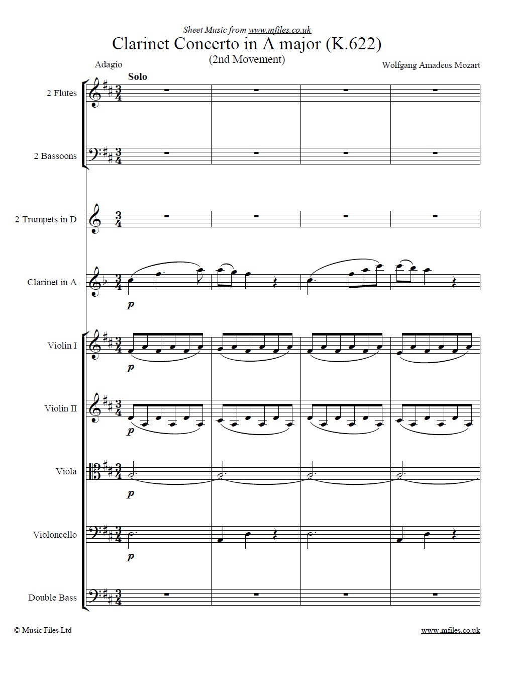 Mozart's Clarinet Concerto (2nd Movement) score - click to download sheet music Mozart's Clarinet Concerto (2nd Movement) score - sheet music 1st page