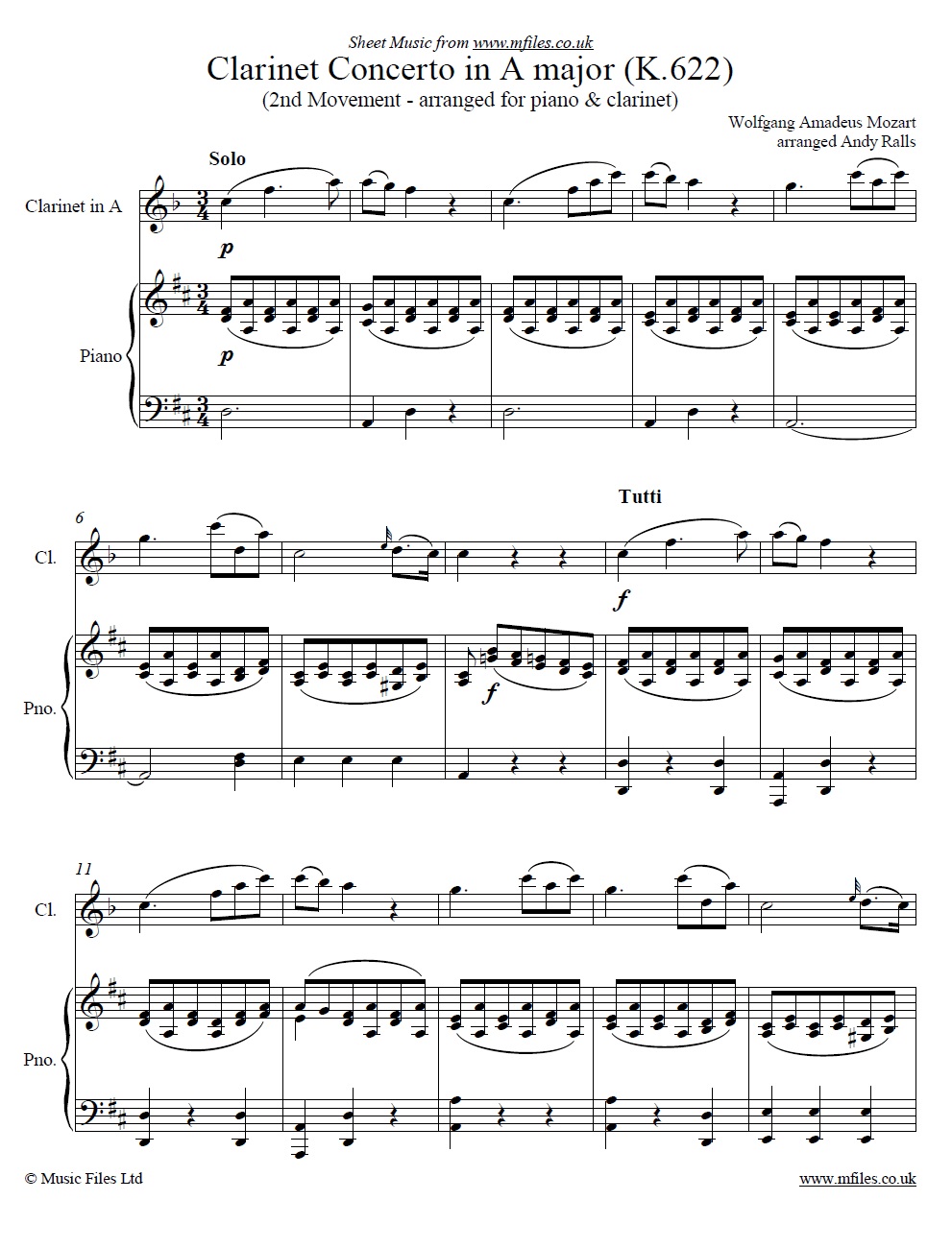 Mozart's Clarinet Concerto (2nd Movement) for clarinet and piano - click to download sheet music Mozart's Clarinet Concerto (2nd Movement) for clarinet and piano - sheet music 1st page