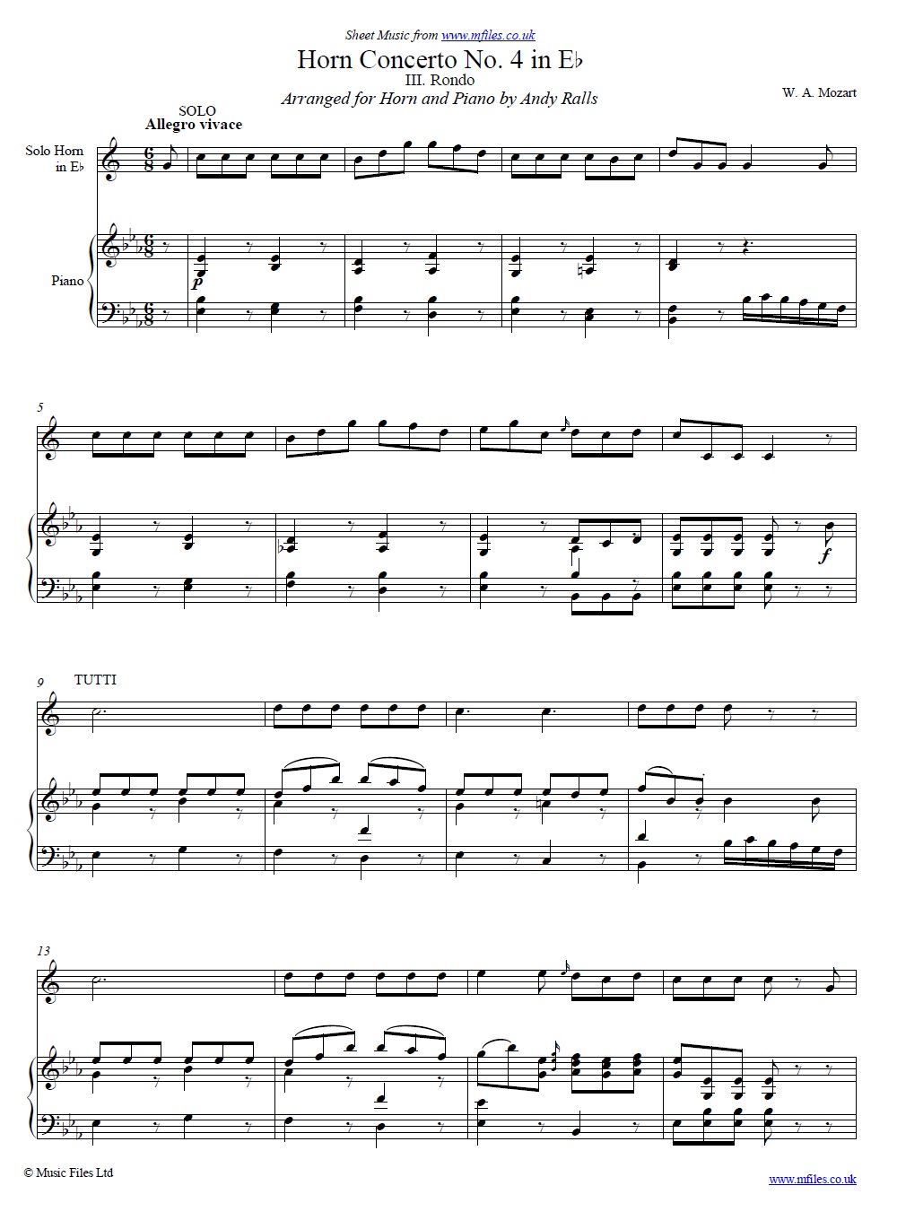 Mozart's 4th Horn Concerto No.4 (3rd Movement: Rondo) horn and piano - click to download sheet music Mozart's 4th Horn Concerto No.4 (3rd Movement: Rondo) horn and piano - sheet music 1st page