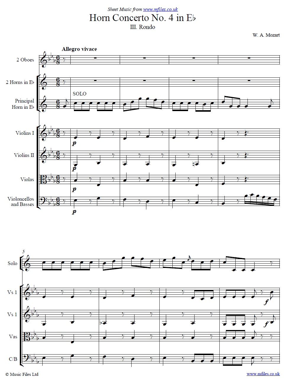 Mozart's 4th Horn Concerto No.4 (3rd Movement: Rondo) score - click to download sheet music Mozart's 4th Horn Concerto No.4 (3rd Movement: Rondo) score - sheet music 1st page