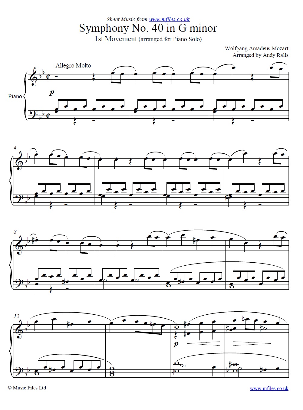 Mozart's Symphony No.40 in Gm (1st Movement) for piano - click to download sheet music Mozart's Symphony No.40 in Gm (1st Movement) for piano - sheet music 1st page