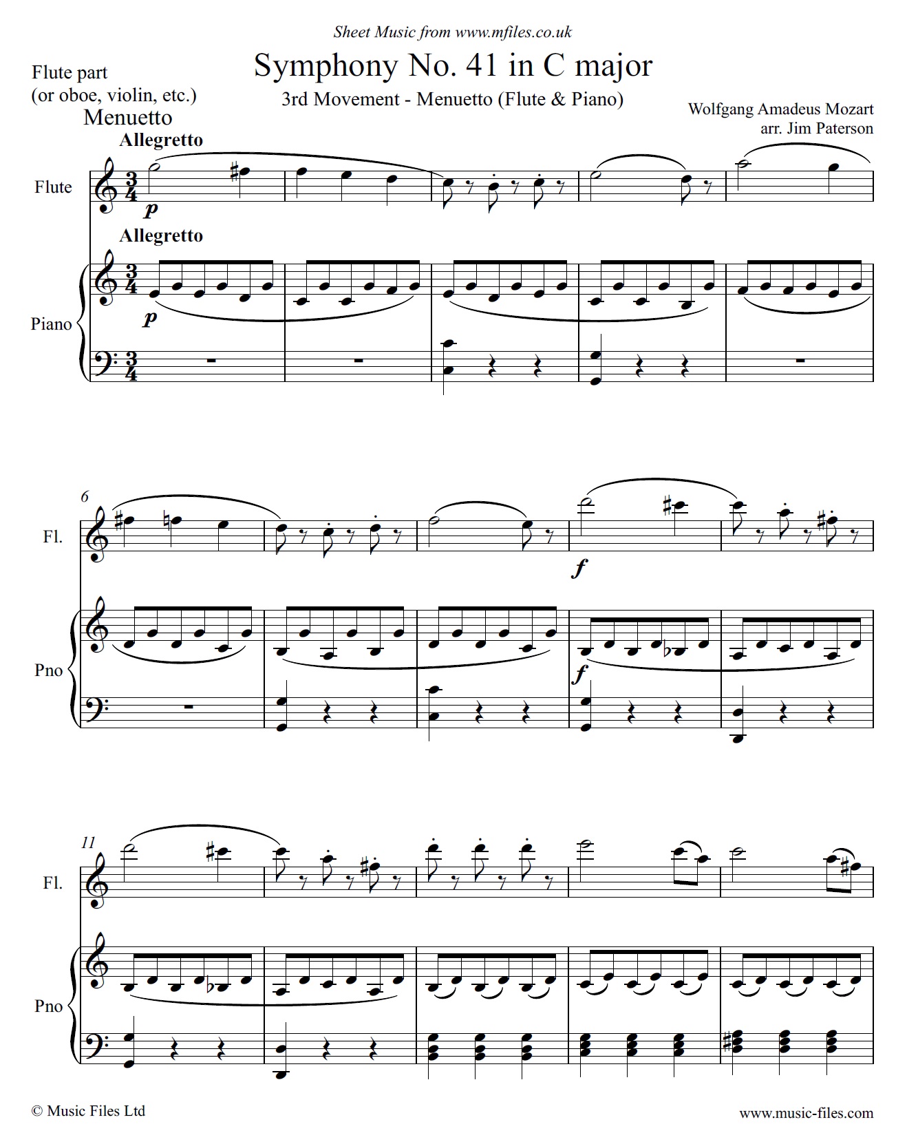 Mozart's 41st Symphony 3rd movement for Flute and Piano - click to download sheet music Mozart's 41st Symphony 3rd movement for Flute and Piano - sheet music 1st page