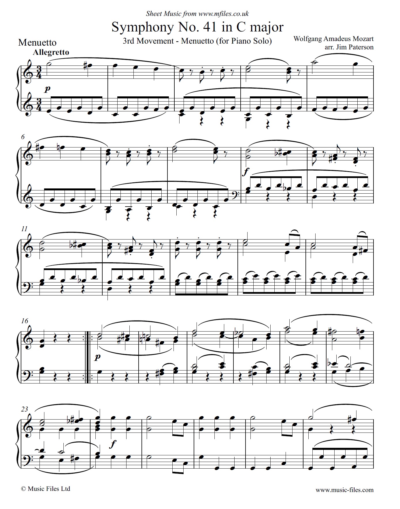 Mozart's 41st Symphony 3rd movement for Piano - click to download sheet music Mozart's 41st Symphony 3rd movement for Piano - sheet music 1st page