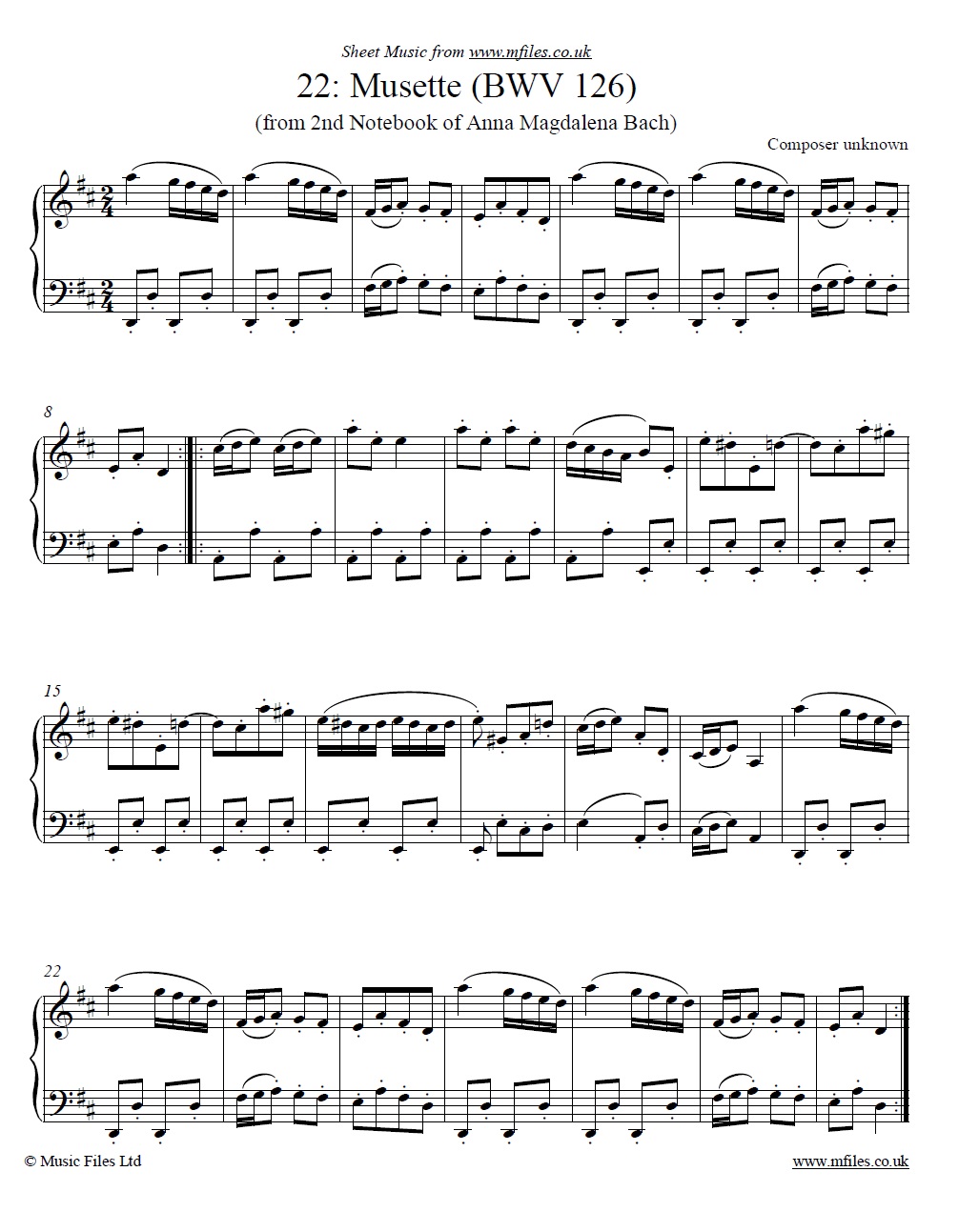 A.M.Bach's 2nd Notebook no.22: Musette by anon for piano - click to download sheet music A.M.Bach's 2nd Notebook no.22: Musette by anon for piano - sheet music 1st page