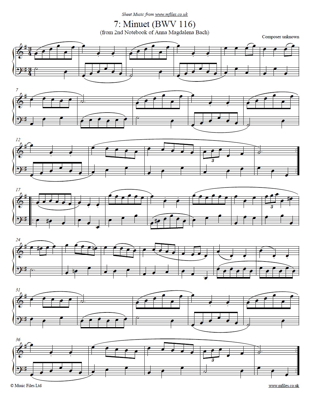 A.M.Bach's 2nd Notebook no.7: Minuet by anon for piano - click to download sheet music A.M.Bach's 2nd Notebook no.7: Minuet by anon for piano - sheet music 1st page