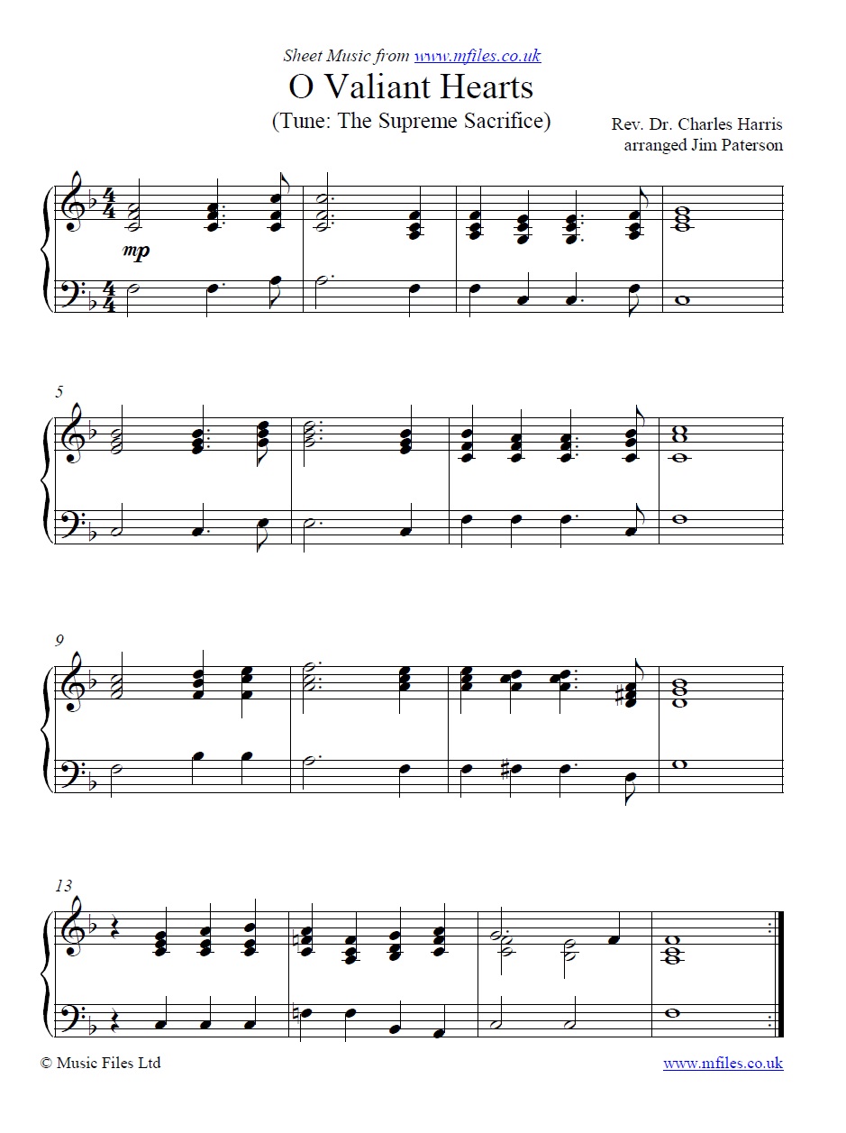 O Valiant Hearts for piano - click to download sheet music O Valiant Hearts for piano - sheet music 1st page