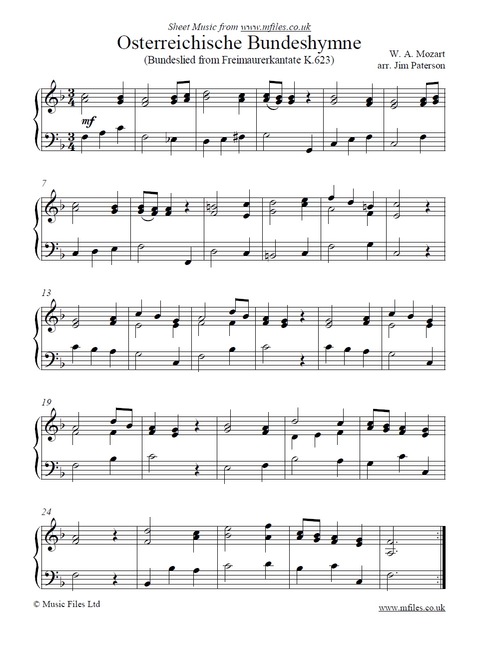 Österreichische Bundeshymne (Austrian National Anthem by Mozart) for piano - click to download sheet music Österreichische Bundeshymne (Austrian National Anthem by Mozart) for piano - sheet music 1st page