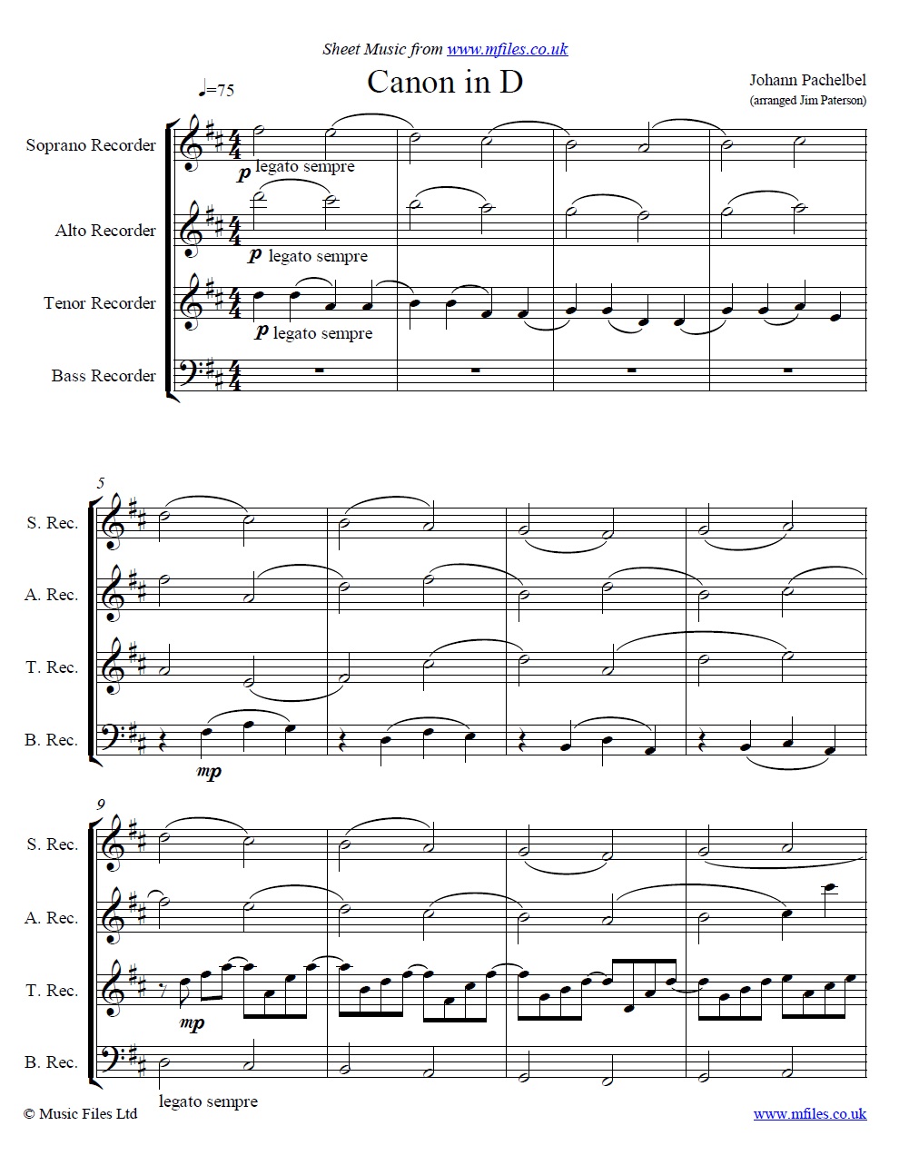 Pachelbel's Canon in D arranged by Jim Paterson for SATB recorders - click to download sheet music Pachelbel's Canon in D arranged by Jim Paterson for SATB recorders - sheet music 1st page