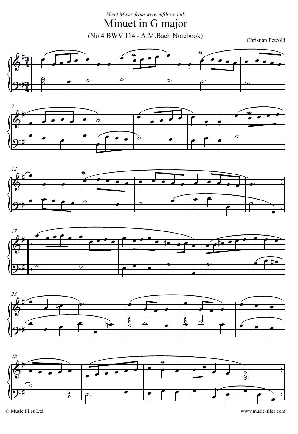 Petzold's Minuet in G major, no.4 in Bach Notebook BWV 114 for piano - click to download sheet music Petzold's Minuet in G major, no.4 in Bach Notebook BWV 114 for piano - sheet music 1st page