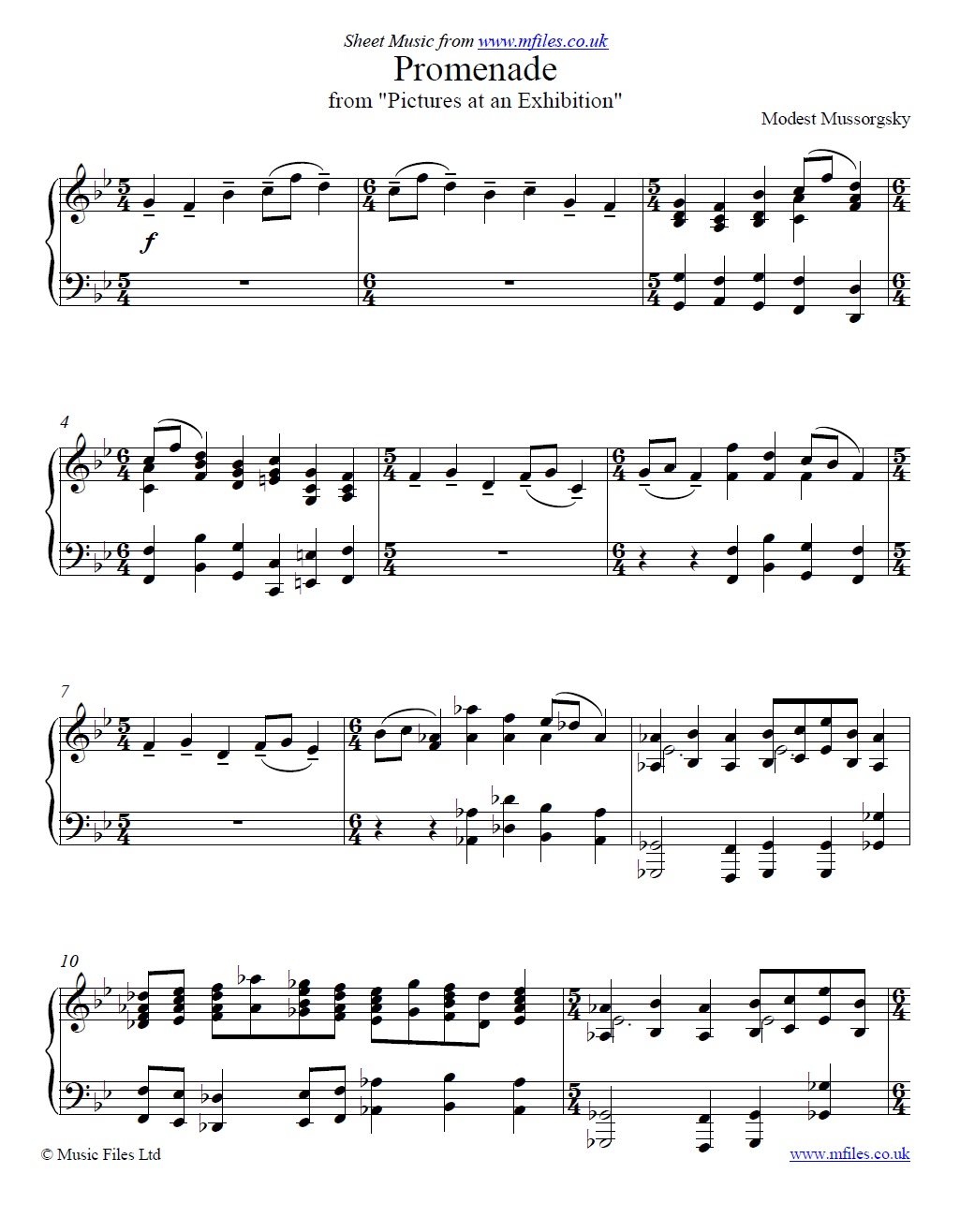 Mussorsky's Promenade from Pictures at an Exhibition for piano - click to download sheet music Mussorsky's Promenade from Pictures at an Exhibition for piano - sheet music 1st page