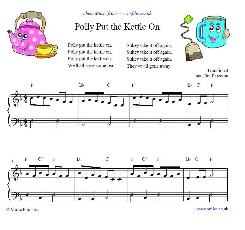 Polly Put the Kettle On for piano - click to download sheet music Polly Put the Kettle On for piano - sheet music 1st page