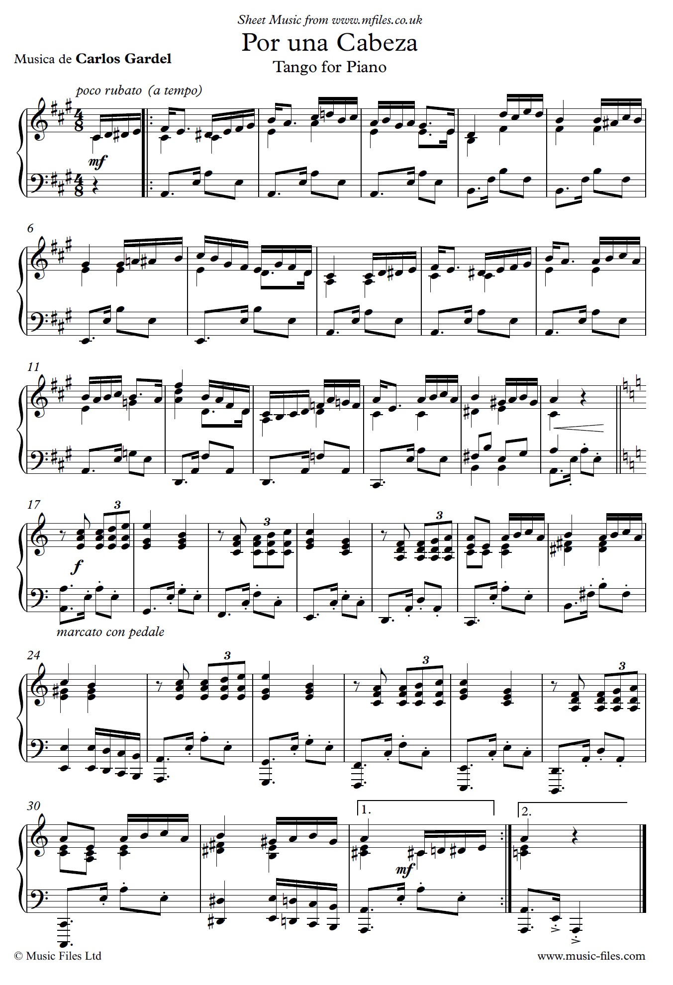 Por Una Cabeza arranged for piano solo - click to download sheet music Por Una Cabeza arranged for piano solo - sheet music 1st page