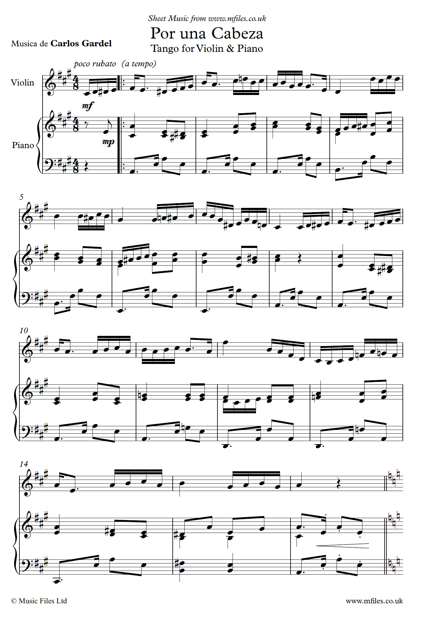 Por Una Cabeza arranged for violin and piano - click to download sheet music Por Una Cabeza arranged for violin and piano - sheet music 1st page
