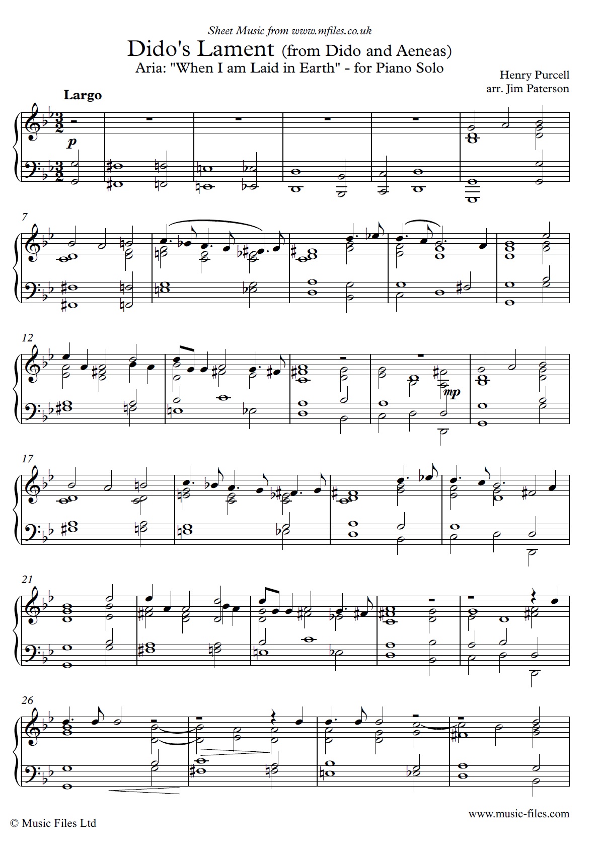 Dido's Lament arranged for Piano Solo - click to download sheet music Dido's Lament arranged for Piano Solo - sheet music 1st page