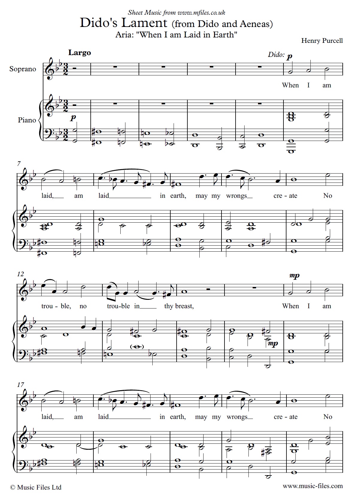 Dido's Lament for Soprano (or Oboe) and Piano - click to download sheet music Dido's Lament for Soprano (or Oboe) and Piano - sheet music 1st page