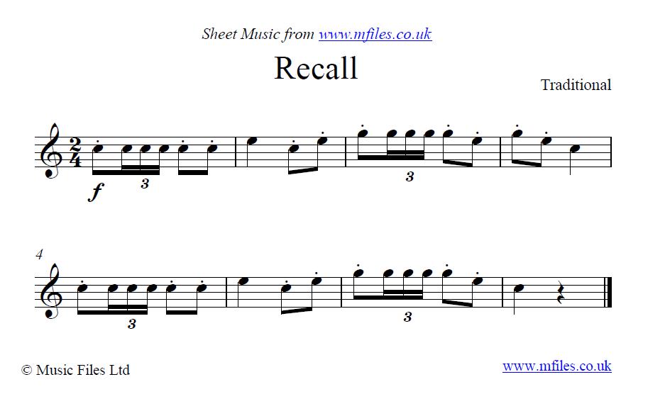 Recall (bugle call) - click to download sheet music Recall (bugle call) - sheet music 1st page