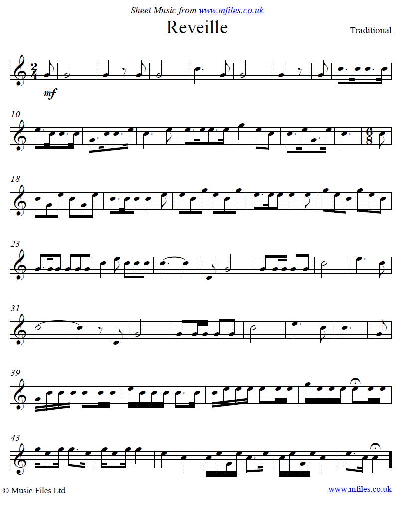 Long Reveille (bugle call) - click to download sheet music Long Reveille (bugle call) - sheet music 1st page