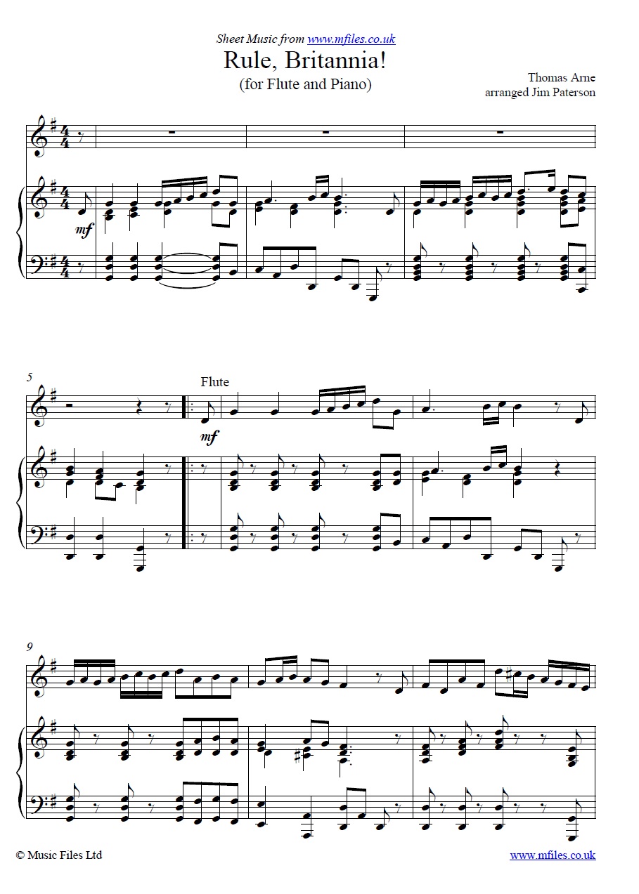 Arne's Rule Britannia for flute and piano - click to download sheet music Arne's Rule Britannia for flute and piano - sheet music 1st page