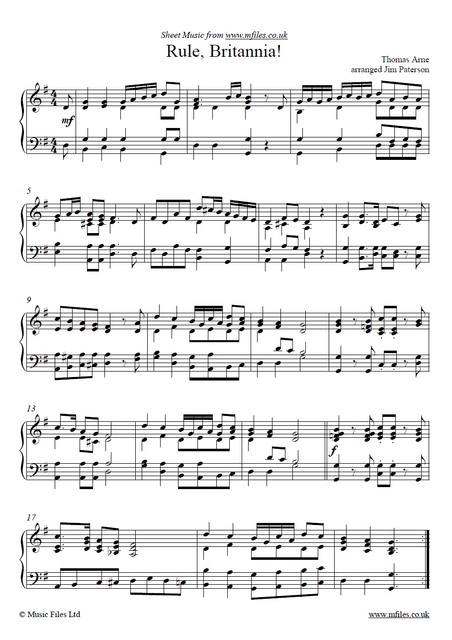 Arne's Rule Britannia for piano - click to download sheet music Arne's Rule Britannia for piano - sheet music 1st page