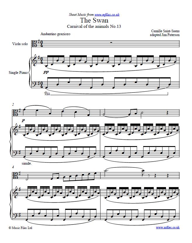 Saint-Saens' Swan from Carnival of the Animals for viola and piano - click to download sheet music Saint-Saens' Swan from Carnival of the Animals for viola and piano - sheet music 1st page