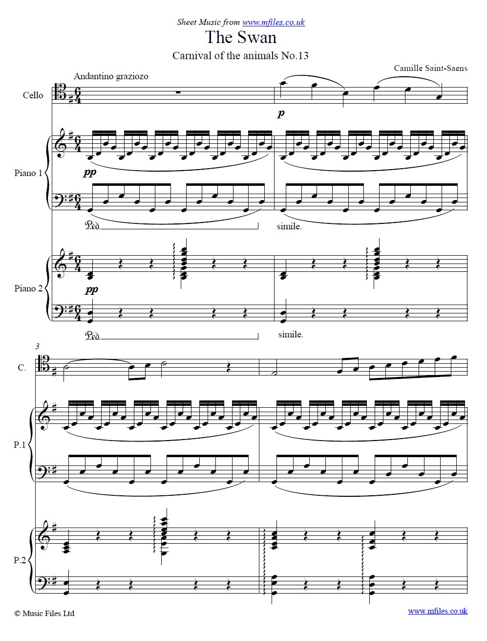 Saint-Saens' Swan from Carnival of the Animals (score) - click to download sheet music Saint-Saens' Swan from Carnival of the Animals (score) - sheet music 1st page