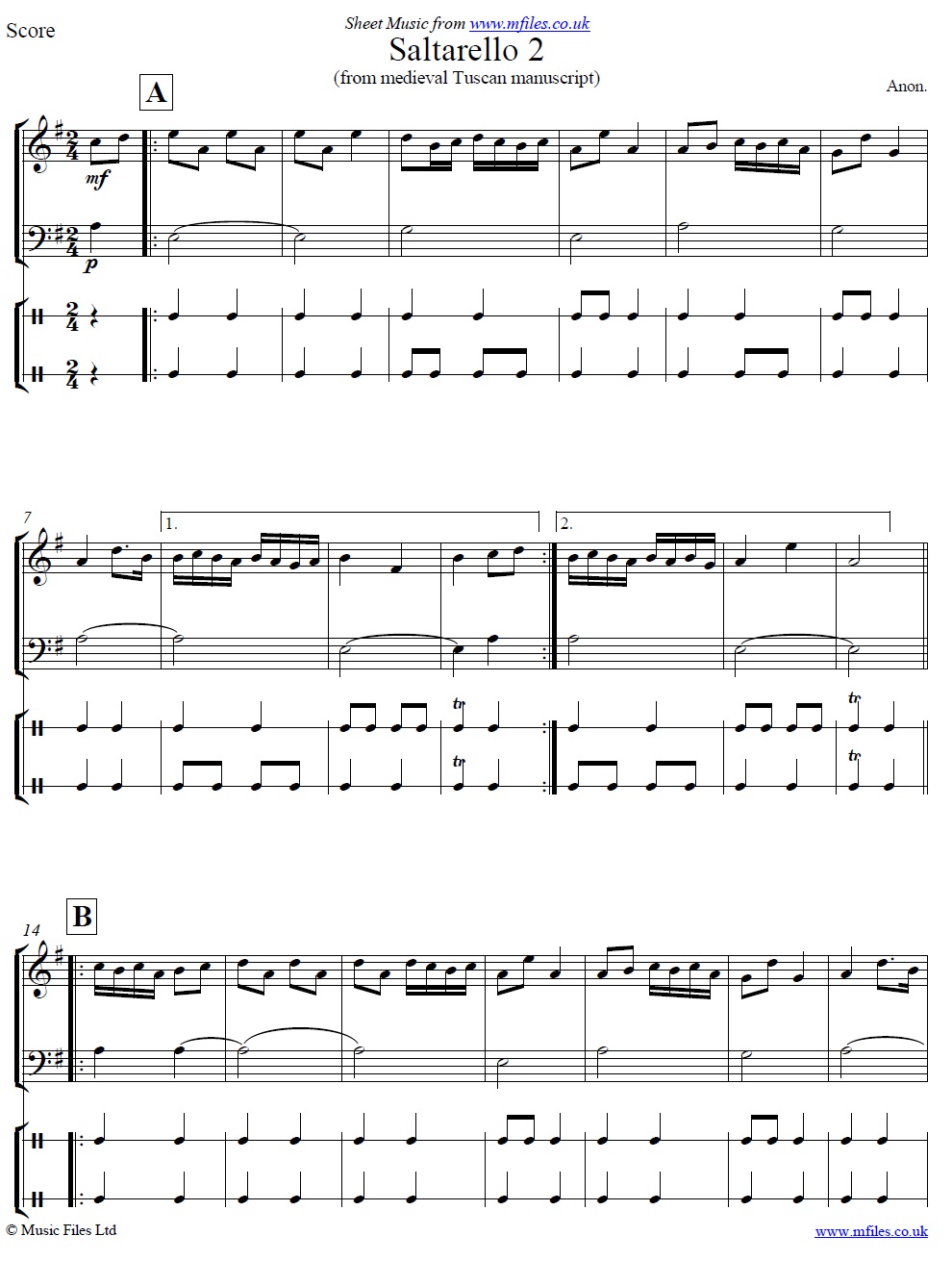 Saltarello 2 arranged for oboe bassoon and percussion - click to download sheet music Saltarello 2 arranged for oboe bassoon and percussion - sheet music 1st page